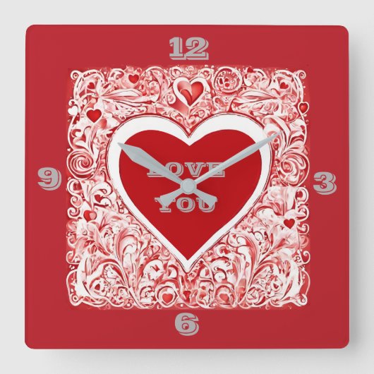 愛する赤と白ハート スクエア壁時計 (正面)