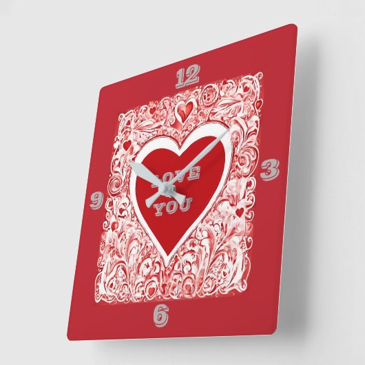 愛する赤と白ハート スクエア壁時計 (傾斜)