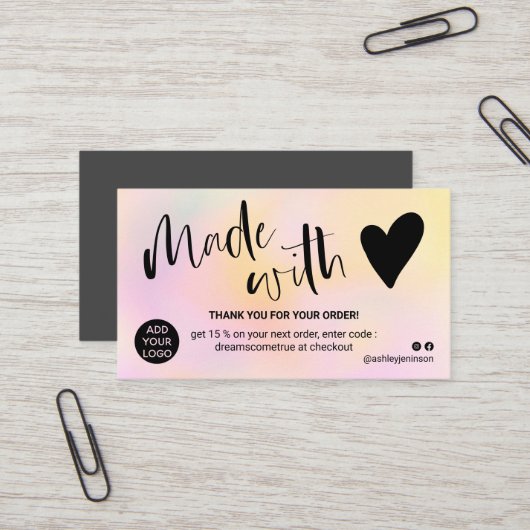 愛で作った感謝していピンク色の黄色のグラデーション 名刺 (正面/裏面インサイチュ)