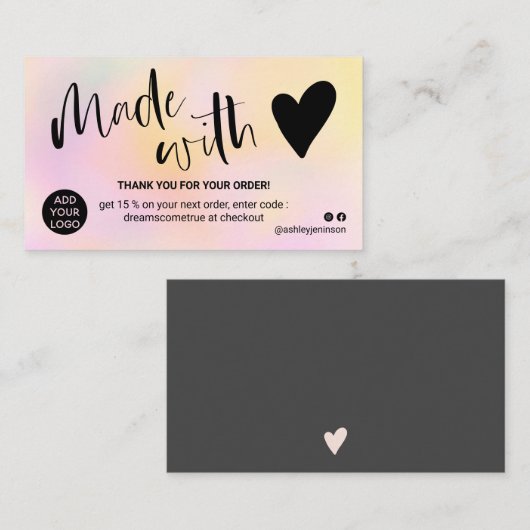 愛で作った感謝していピンク色の黄色のグラデーション 名刺 (正面/裏面)