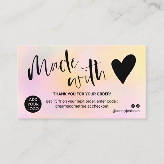 愛で作った感謝していピンク色の黄色のグラデーション 名刺 (正面)