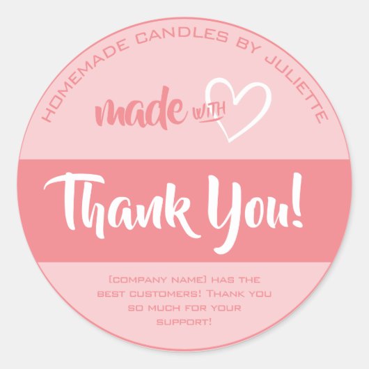 愛で作られたハートありがとうラベルガーリーピンク ラウンドシール (正面)