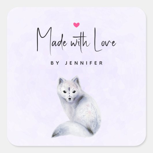 愛で作られたフローラ標識を持つ北欧キツネ スクエアシール (正面)