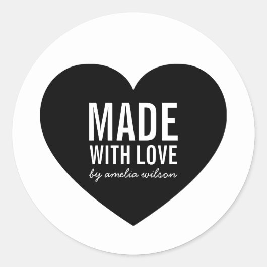 愛で作られたミニマルな白と黒のハート ラウンドシール (正面)