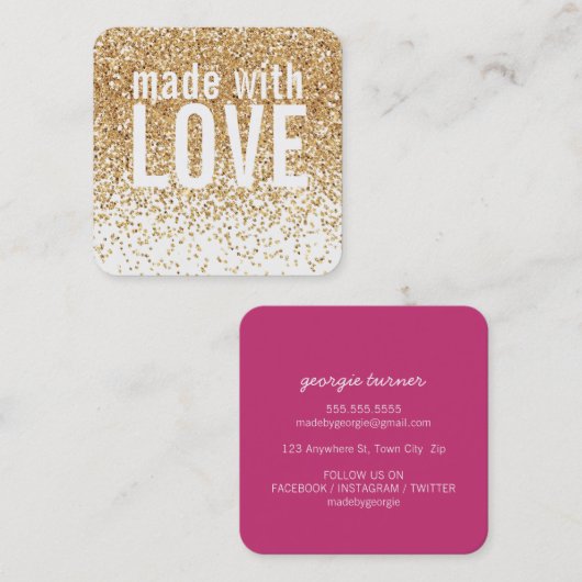 愛で作られた可愛い紙吹雪金ゴールドグリッターピンク スクエア名刺 (正面/裏面)