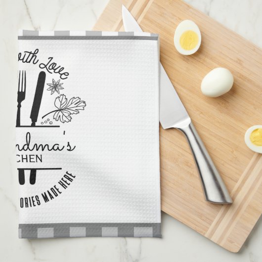 愛で作られた名前をカスタムするグレーバッファロープレイド キッチンタオル (四つ折り)