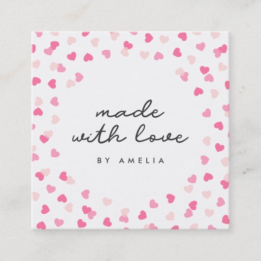 愛で作られた点在するピンクのハート紙吹雪 スクエア名刺 (正面)