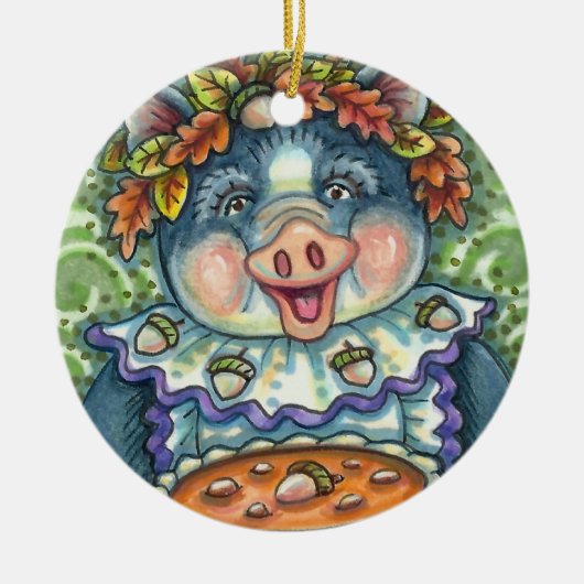 愛で作られた豚&どんぐりパイ セラミックオーナメント (正面)
