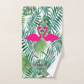 愛で愛される愛らしいピンクのフラミンゴ葉、手のひら バスタオルセット (ハンドタオル)