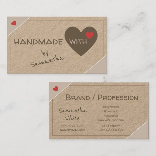 愛で手作りハート素朴ヴィンテージ 名刺 (正面/裏面)