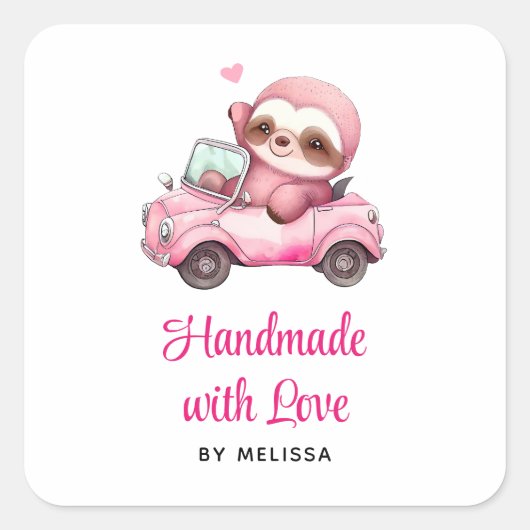 愛で手作り可愛いピンクのナマケモノが車を運転 スクエアシール (正面)