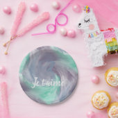 愛で絞り紫の緑のパインタリーの水色 ペーパープレート (パーティー)