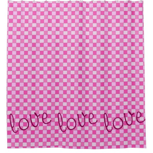 愛で織市松模様にりたグラフィカルなピンク シャワーカーテン (正面)