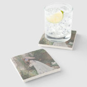 愛で花気にを求める庭の女性 ストーンコースター (横)