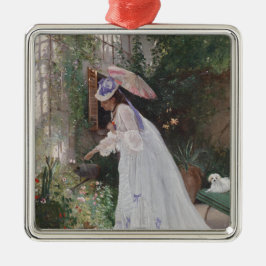 愛で花気にを求める庭の女性 メタルオーナメント