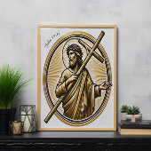 愛で黄金の十字架を持ち上げるイエス ポスター