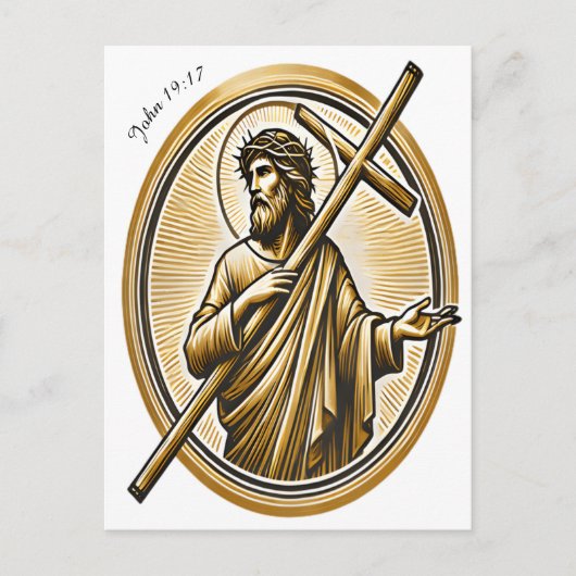 愛で黄金の十字架を持ち上げるイエス ポストカード (正面)