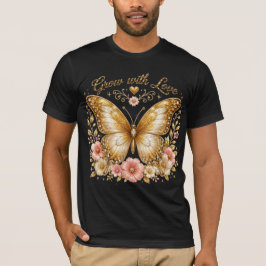 愛とともに成長する ゴールドバタフライ フラワー メンズTシャツ Tシャツ