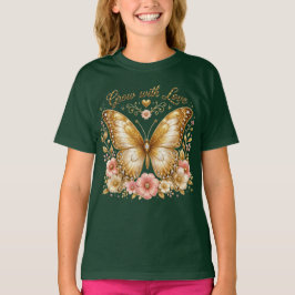 愛とともに成長する ゴールドバタフライ フローラル キッズTシャツ Tシャツ