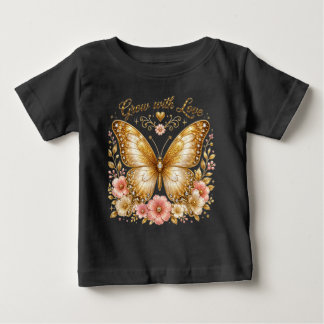 愛とともに成長 金の蝶 花柄 トッドラーTシャツ ベビーTシャツ