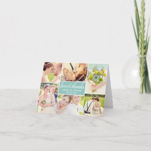 愛とアクア感謝していブルーの写真結婚コラージュ サンキューカード (正面)