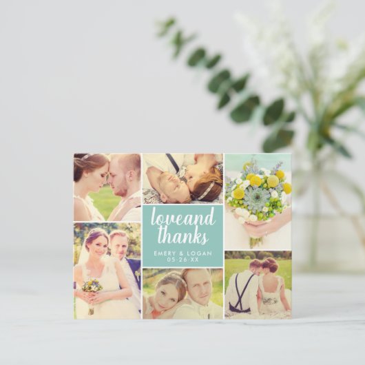 愛とアクア感謝していブルーの写真結婚コラージュ ポストカード (スタンド正面)