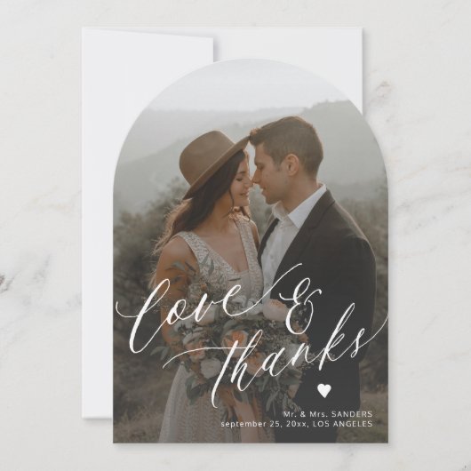 愛とアー感謝していチ写真の結婚サンキューカード 招待状 (正面)