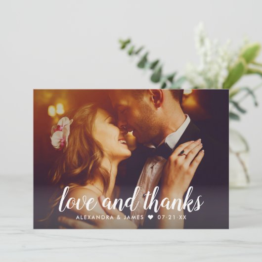 愛とスクリプ感謝していトオーバーレイ結婚のフォトピンク サンキューカード (スタンド正面)
