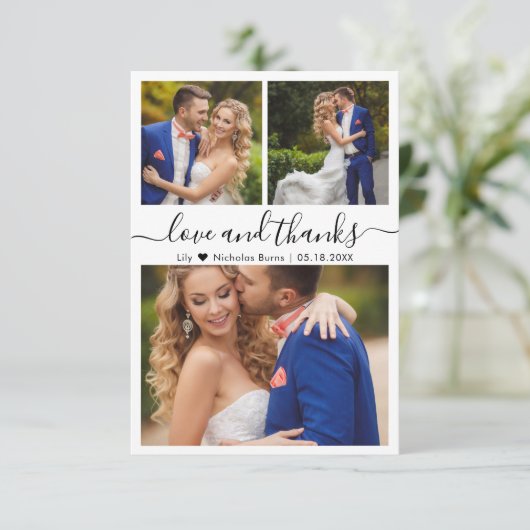 愛とスクリプ感謝していト写真ハート結婚の サンキューカード (スタンド正面)