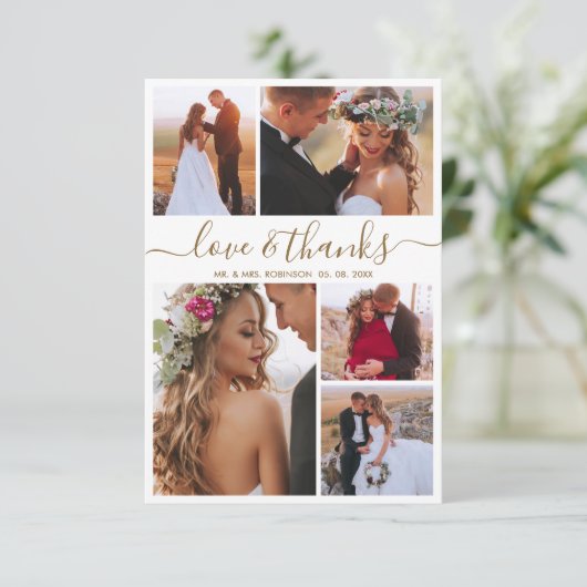 愛とスクリプ感謝していト5フォトコラージュ結婚ズ サンキューカード (スタンド正面)
