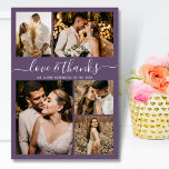 愛とス感謝していクリプト紫5写真結婚s サンキューカード<br><div class="desc">エレガント,  Minimalist Script Dusty Purple 5 Photo Collageの結婚サンキューカード.5モダン枚の写真を前面に、1結婚枚の写真を背面に配置したサンキューカードテンプレート。文字「愛と」を手で書いた感謝していタイポグラフィの台本フォントで白い上に白や埃の多い梅の紫の色の背景に。名前、写真、メッセージ感謝していを追加する。ノートもしを手書きしたい場合は、サンプル文字を削除して宇宙を増やす。こ連絡のもしデザインでお願い。</div>