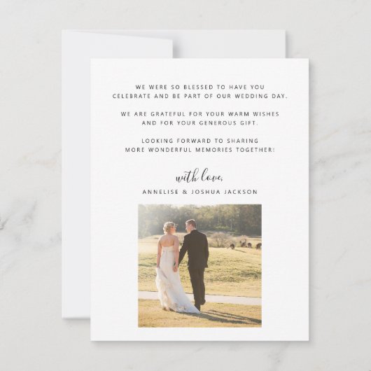 愛とス感謝していトモダンスクリプト2枚の写真結婚の サンキューカード (裏面)