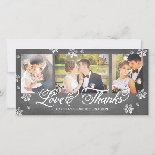 愛とチョーク感謝していボードのスノーフレークの3枚の写真 サンキューカード (正面)