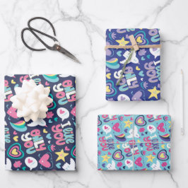 愛とハートブルードゥードルパターンバレンタインデー ラッピングペーパーシート