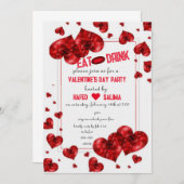 愛とハート食べ、飲み物とバレンタインデーのパーティー 招待状 (正面/裏面)