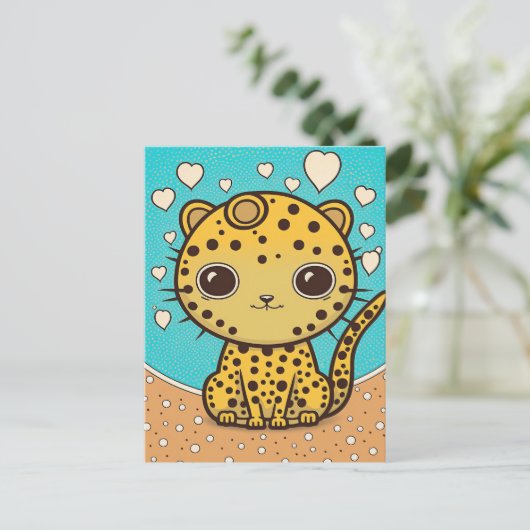 愛とバレンタインのためのハートと可愛いチーター ポストカード (スタンド正面)