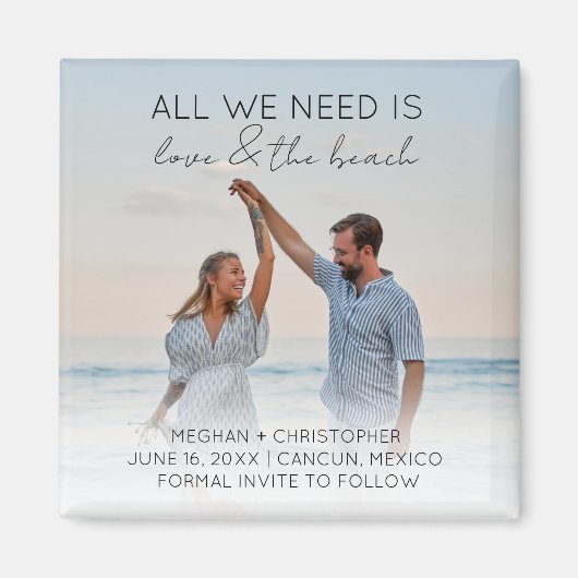 愛とビーチ日付写真を保存 マグネット (正面)