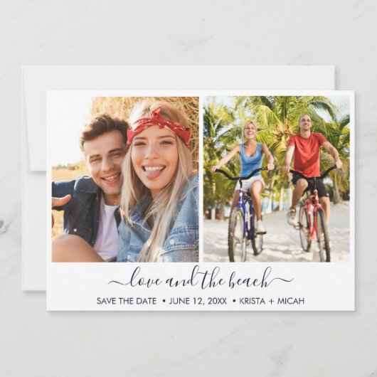 愛とビーチ2枚の写真結婚の セーブザデート (正面)