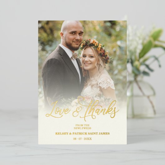 愛とミニマ感謝していリストの写真結婚の 箔招待状 (立ち正面)