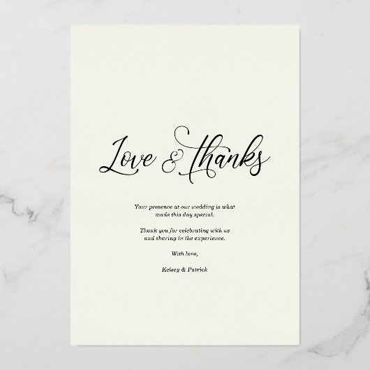 愛とミニマ感謝していリストの写真結婚の 箔招待状 (裏面)