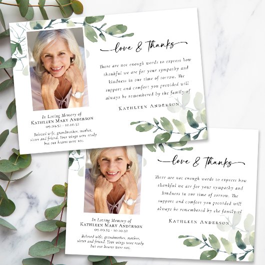 愛とユーカリ感謝していプの葬儀記念写真 サンキューカード