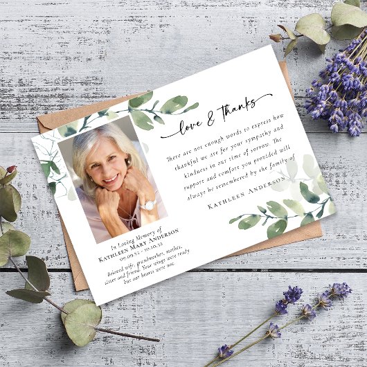 愛とユーカリ感謝していプの葬儀記念写真 サンキューカード