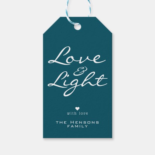 愛とライトスクリプトブルーグリーン名クリスマス ギフトタグ (正面)