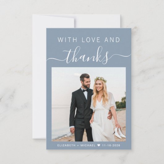 愛と写真感謝していのダスティ結婚ブルー サンキューカード (正面)