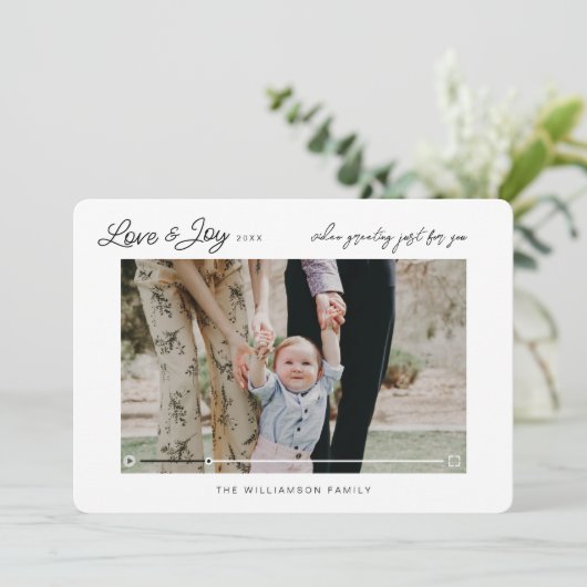 愛と喜びのモダンミニマルQRコードビデオメッセージ シーズンカード (スタンド正面)