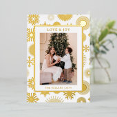 愛と喜びクリスマスフォトモダン金ゴールド雪 箔シーズンカード (立ち正面)