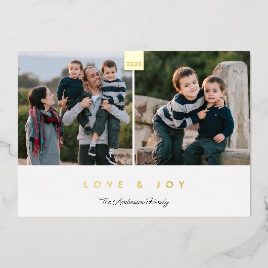 愛と喜びスタイリッシュ2ミニマル写真金ゴールド 箔シーズンカード (正面)