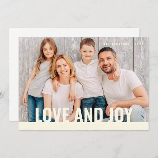 愛と喜びモダンのシンプルクリスマス家族の写真 シーズンカード (正面/裏面)