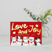 愛と喜びモダン可愛いおもしろい猫キャロリング 箔シーズンポストカード (立ち正面)