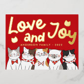 愛と喜びモダン可愛いおもしろい猫キャロリング 箔シーズンポストカード (正面)